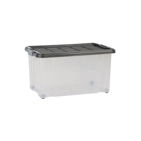 Ready To Roll Plastic Storage Crate With Secure Snap Top Lid For Home Garage Organization Heavy Duty 55 Liter Multi Color Hauling Tote Bin Built To Rock And Roll clear plastic crate with black lid and wheels