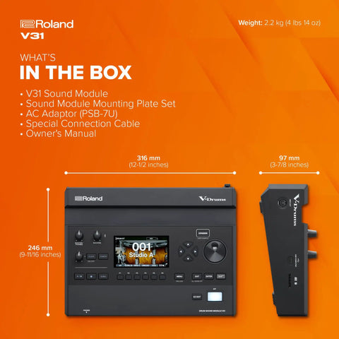 V-Drums V31 Sound Module For V-Drums 3 Series, Compact Interface With Pro Grade Drum Engine, on-box components view