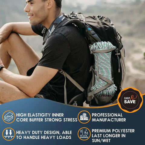Hiker with backpack, carrying 100 Ft 1/4 Inch Polyester Rope Diamond Braid Built Tough Heavy Duty Utility Cord for camping, blue accents.