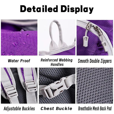 Detailed features of 30L Hydration Ready Hiking Backpack For Men And Women, waterproof fabric, adjustable buckles, and zippers