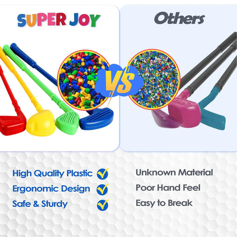 Comparison of toddler golf set plastic quality, left shows Toddler Golf Set With Easy Carry Cart, right shows others.