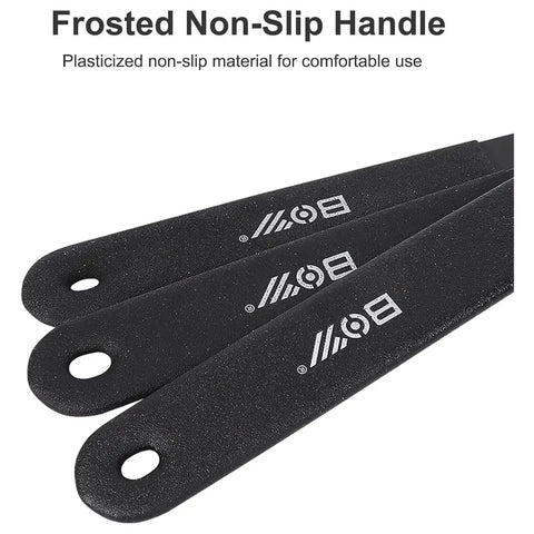 Close-up of frosted non-slip handles on Low Profile Bicycle Spanner Set 2mm Thick For 13mm To 19mm Cone Wrenches Durable Carbon Steel Multi Function Tool For Wheel Hub Axle Nut Install 7 Piece Pro Bike Cone Wrench Kit For Gearheads.