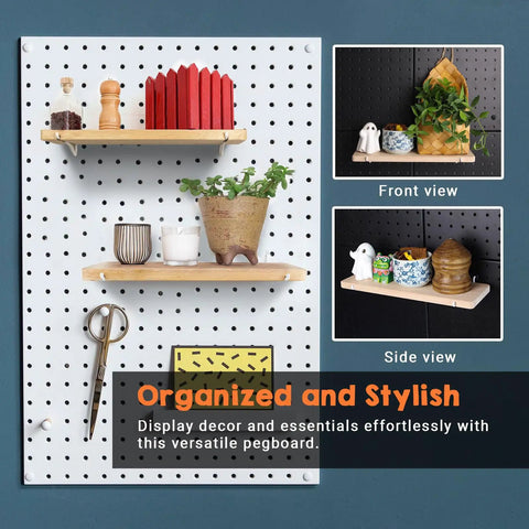Two Pack Solid Wood Pegboard Shelf Set With No Tilt Balance Twelve By Four Inch Shelves Fit One Quarter Inch Pegboards for organizing decor