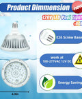 Color Changing LED Pool Light Bulb For Inground Pools 120V 40W Waterproof Submersible Replacement For 500W Pentair And Hayward Fixtures With IP68 Submersion Rating showing product dimensions, E26 screw base, and energy saving features.