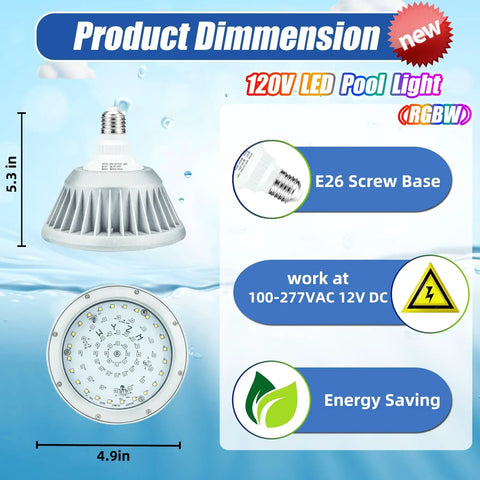 Color Changing LED Pool Light Bulb For Inground Pools 120V 40W Waterproof Submersible Replacement For 500W Pentair And Hayward Fixtures With IP68 Submersion Rating showing product dimensions, E26 screw base, and energy saving features.
