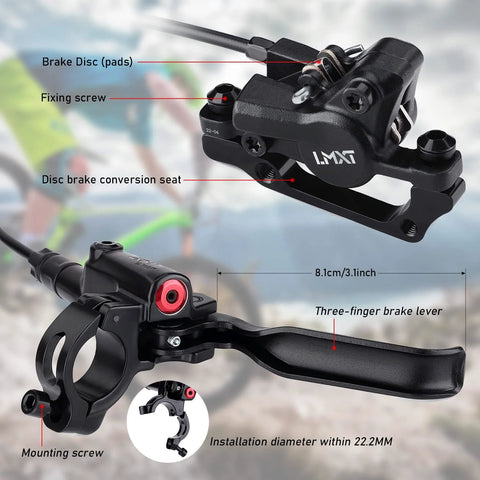 TOBWOLF hydraulic disc brake kit front view with left lever and black aluminum caliper for MTB.