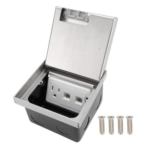 Recessed Floor Power Outlet Box With Snap Open Lift Cover, Tough Steel Housing For No Sweat Cord Access And Smooth Glide Action - open view with screws.