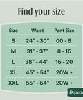 Size chart for Fresh Protection Adult Incontinence Underwear For Women Large 28 Count Disposable Maximum Absorbency Blush Packaging May Vary All Day Everyday Leak Protection.