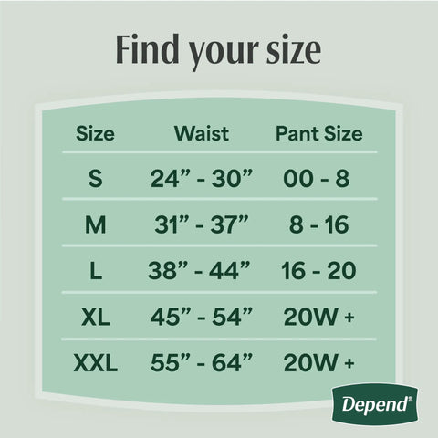 Size chart for Fresh Protection Adult Incontinence Underwear For Women Large 28 Count Disposable Maximum Absorbency Blush Packaging May Vary All Day Everyday Leak Protection.