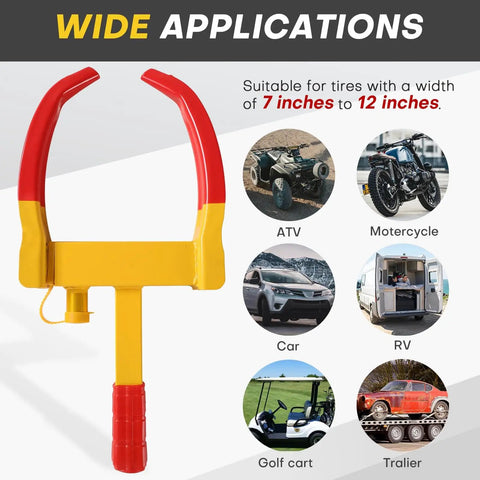 Heavy Duty Wheel Clamp Lock For Cars Trucks Trailers And SUVs Adjustable Universal Tire Lock With 3 Keys Anti Theft Security Durable Steel Construction Soft Coated Clamp Red, shown with wide applications for various vehicles.