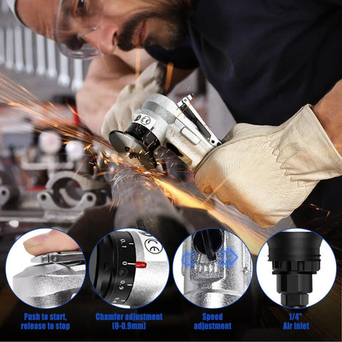 Aepiraza Mini Pneumatic Chamfering Machine Air Tool Deburrer for Metal Wood Beveling Trimming in use, 1/4" air inlet.