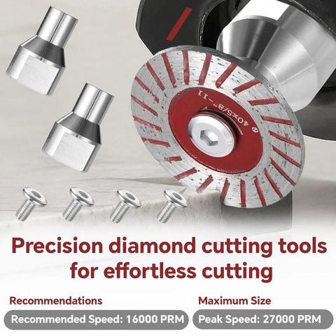 10 Piece Angle Grinder Diamond Saw Blades Set For Top Shelf Cutting On Granite Concrete Tile And Porcelain Includes Heavy Duty Aluminum Flange And Quick Swap Hardware For Zero Sweat Finishing Work, showing precision cutting tools and screws.
