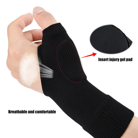 Hand wearing breathable wrist and thumb compression gloves with soft gel pads for tendonitis arthritis and carpal tunnel relief.