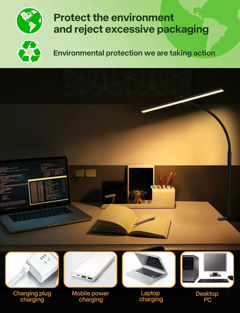 Eye Care Desk Lamp For Home Office With Flexible Gooseneck Clamp Light illuminating a desk with laptop and open book.