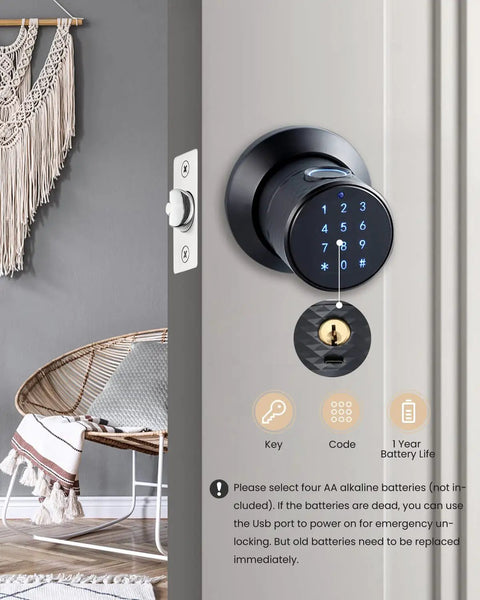 3 In 1 Smart Door Knob With Big Fingerprint Sensor And Keypad on interior door, showing keypad and keyhole