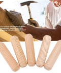 Person using hammer with Wood Dowel Pin Kit 500 Pcs Fluted Beveled Hardwood Connectors for furniture assembly shown below.