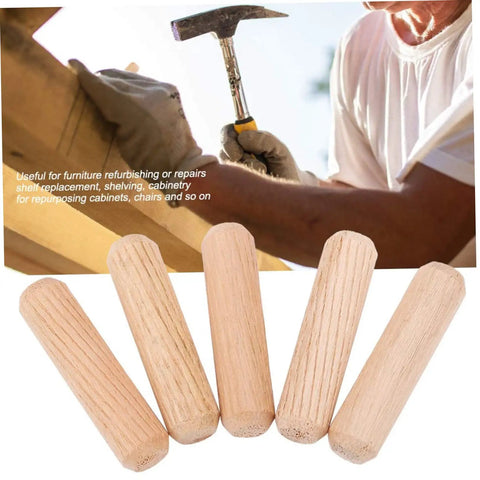 Person using hammer with Wood Dowel Pin Kit 500 Pcs Fluted Beveled Hardwood Connectors for furniture assembly shown below.