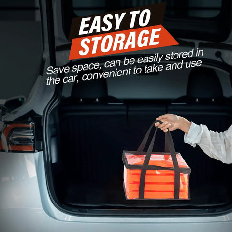 Car trunk with a person placing a bag containing 28 Inch Collapsible Traffic Safety Cones Pack Of 4 With Reflective Collar