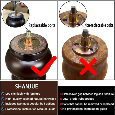 Comparison of Six Inch Round Wood Sofa Legs Espresso Eucalyptus Finish Replacement Feet with interchangeable and fixed bolts