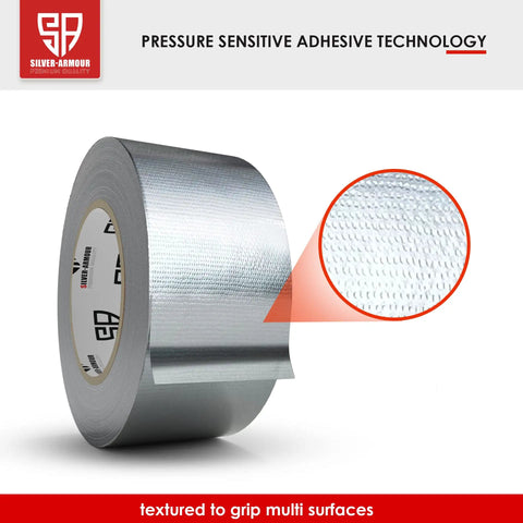 Heavy Duty Duct Tape That Works Like A Charm, Waterproof Tear By Hand Adhesive No Residue, Five Pack Extra Long And Strong Rolls, Grey Packing Tape Also Available Two Inch Width For Quick Fixes And DIY Projects, close-up on roll texture.