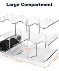 Three Tier Stackable Water Bottle Organizer With Large Compartments, Clear PET Bottle Holder, shown with dimensions and layout.
