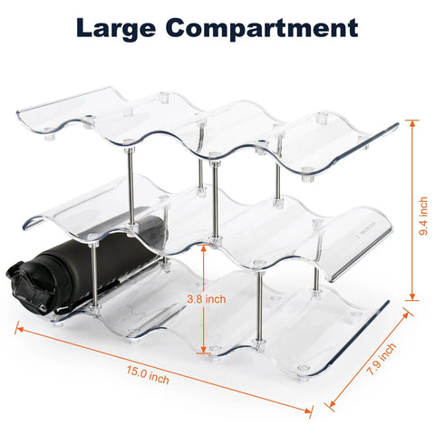 Three Tier Stackable Water Bottle Organizer With Large Compartments, Clear PET Bottle Holder, shown with dimensions and layout.