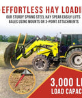 39 Inch Bale Spear For Quick Attach, Heavy Duty Hay Fork With 3000 Lb Capacity, 7/8 Inch Front Diameter in action on tractor