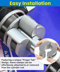 Close-up of the Stroke Control Kit for Hydraulic Cylinders with Adjustable Limiter Clamps and Finger Tabs, installed