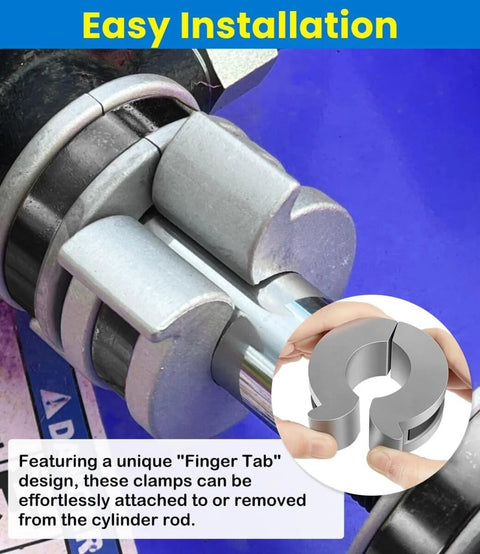 Close-up of the Stroke Control Kit for Hydraulic Cylinders with Adjustable Limiter Clamps and Finger Tabs, installed