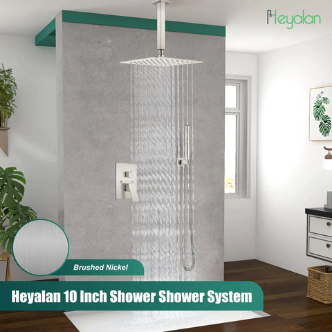 Ceiling Mount Shower Faucet Set With 12 Inch Square Fixed Shower Head And 2 In 1 Handheld Sprayer Brushed Nickel Finish