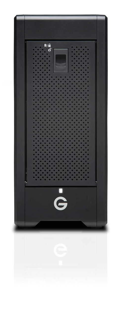 Heavy Duty 144TB Thunderbolt 3 Storage Array With 2040MBPS Transfer Speeds front view with perforated design and logo.