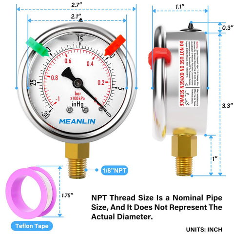 Tough As Nails Stainless Steel Liquid Filled Vacuum Gauge With 2.5 Inch Dial 1/8 NPT Connection Lower Mount -30 InHg To 0 Psi Range WOG Water Oil Air Snaps Included, side view with 1/8 NPT thread
