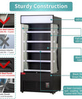 Straight Up Pro Grade Commercial Open Air Merchandiser Refrigerator Cooler With Heavy Duty Sliding Air Curtain Tech featuring black steel frame.