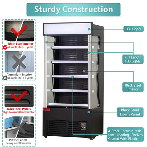 Straight Up Pro Grade Commercial Open Air Merchandiser Refrigerator Cooler With Heavy Duty Sliding Air Curtain Tech featuring black steel frame.