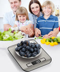 Family in kitchen using Must Have Digital Kitchen Scale With 11 Lb Capacity, 6 Measurement Units in grams and ounces, 304 stainless steel