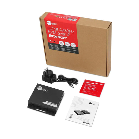 Solid Hdmi Kvm Over IP Receiver Locking In 4K At 30Hz With Up To 394 Foot Range For Cat6 Cables with power adapter and manual.