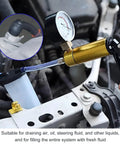 Pro Grade Two In One Brake Bleeder Kit With Handheld Vacuum Pump And Precision Pressure Gauge in use with gauge shown.