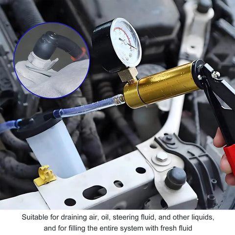Pro Grade Two In One Brake Bleeder Kit With Handheld Vacuum Pump And Precision Pressure Gauge in use with gauge shown.