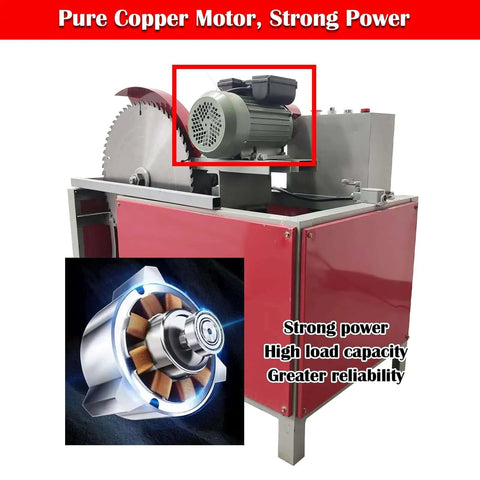 Heavy Duty Automatic Wood Cutting Saw With Pro Grade Alloy Blade Compact Shop Log Cutter For Slick Lumber Splitting And Precise Board Segments 220V 3000W Motor showing pure copper motor.