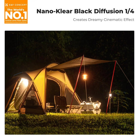 Camping scene with dreamy lighting using 49mm Black Diffusion 1/4 Filter For Cinematic Mist And Soft Skin Dreamy Highlights Lowered Contrast Ideal For Video Vlog And Portrait Photography 18 Layer Coatings For Superior Clarity And Rich Tones