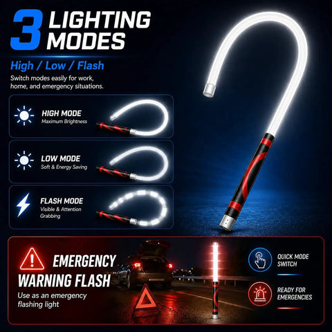 Super Bright Flexible LED Light Stick 30 Inch Bendable Work Light With 1200 Lumens And 360 Degree Neck in 3 lighting modes