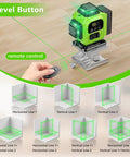 16 Line 360 Self Leveling Green Laser Level With Tripod Kit showing remote control and 4D cross line beams on wood floor