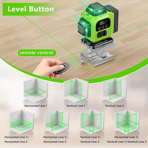 16 Line 360 Self Leveling Green Laser Level With Tripod Kit showing remote control and 4D cross line beams on wood floor