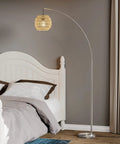 Modern Arc Floor Lamp With Rope Linen Shade Brushed Steel Arc Standing Lamp For Your Living Room Bedroom Office 82 Inches Tall Vintage Arching Design Bulb Included Silver next to a bed in a bedroom