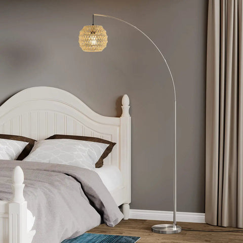 Modern Arc Floor Lamp With Rope Linen Shade Brushed Steel Arc Standing Lamp For Your Living Room Bedroom Office 82 Inches Tall Vintage Arching Design Bulb Included Silver next to a bed in a bedroom