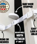 Adjustable Child Proof Door Lock And Cat Door Stopper With Quick Snap Strap Latch, showcasing adjustable strap and adhesive mount.