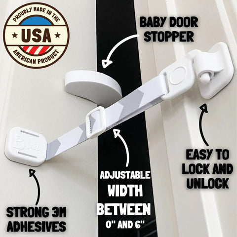 Adjustable Child Proof Door Lock And Cat Door Stopper With Quick Snap Strap Latch, showcasing adjustable strap and adhesive mount.