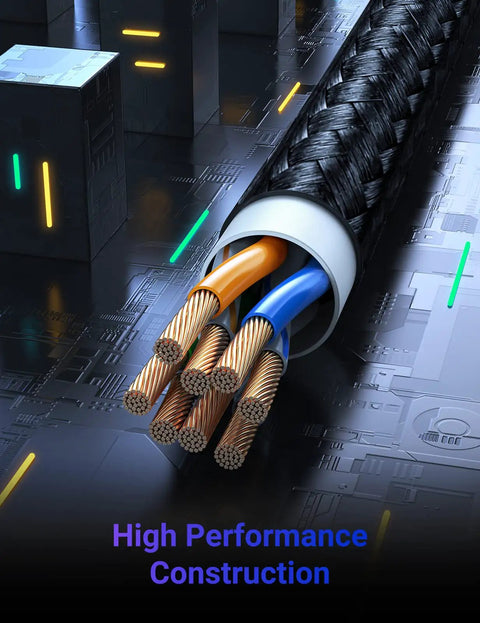 Close-up of a braided Cat6 Ethernet cable cutaway, showing internal wiring and shielding, suited for gaming and 4K streaming.