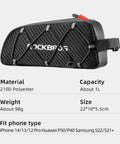 Ride Ready Front Frame Bag For Bikes With Large Capacity Main Compartment, carbon pattern, top view, 210D polyester material