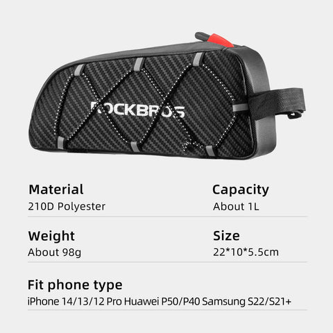 Ride Ready Front Frame Bag For Bikes With Large Capacity Main Compartment, carbon pattern, top view, 210D polyester material